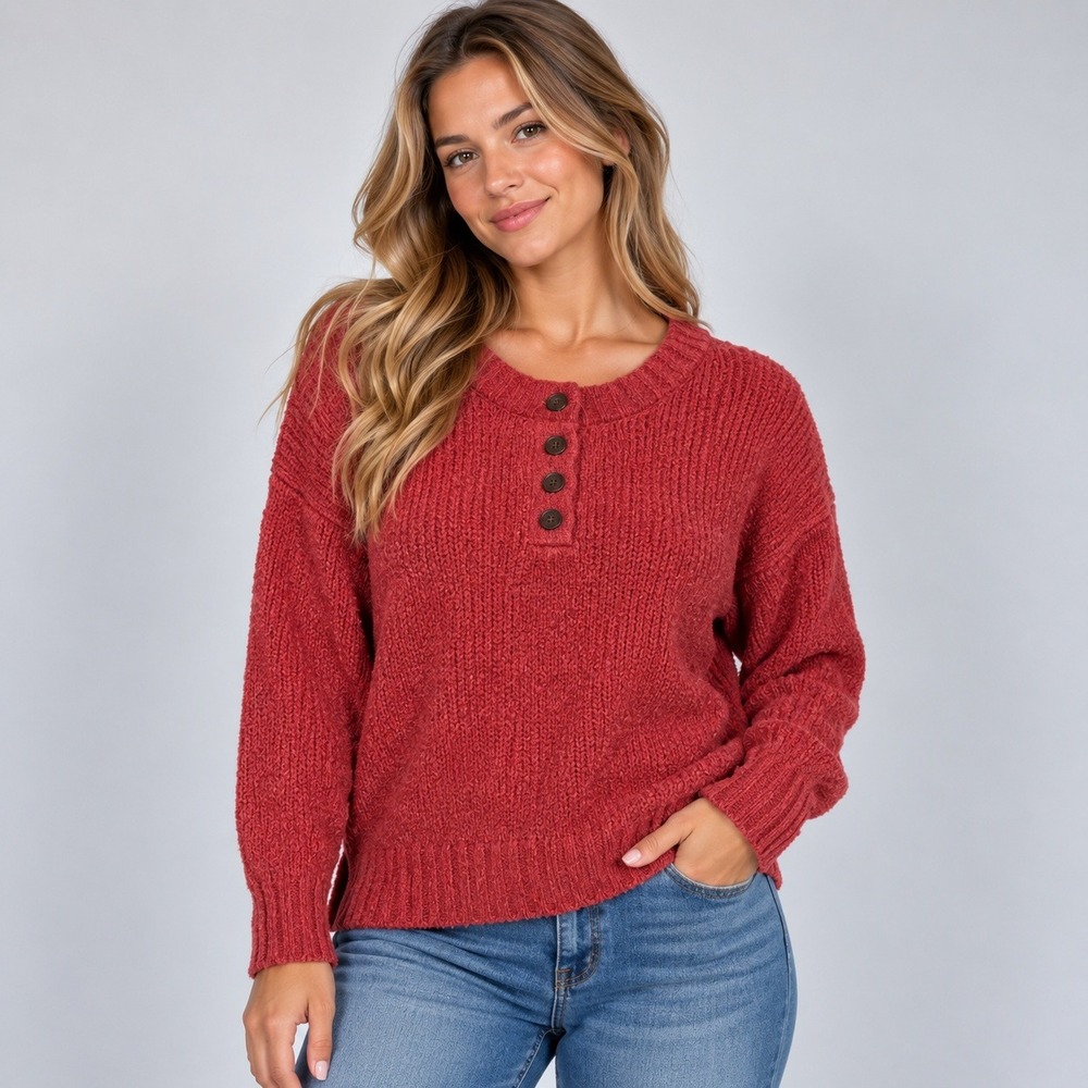 American Eagle Pink Marl Chenille Henley Sweater Jegging Fit Medium